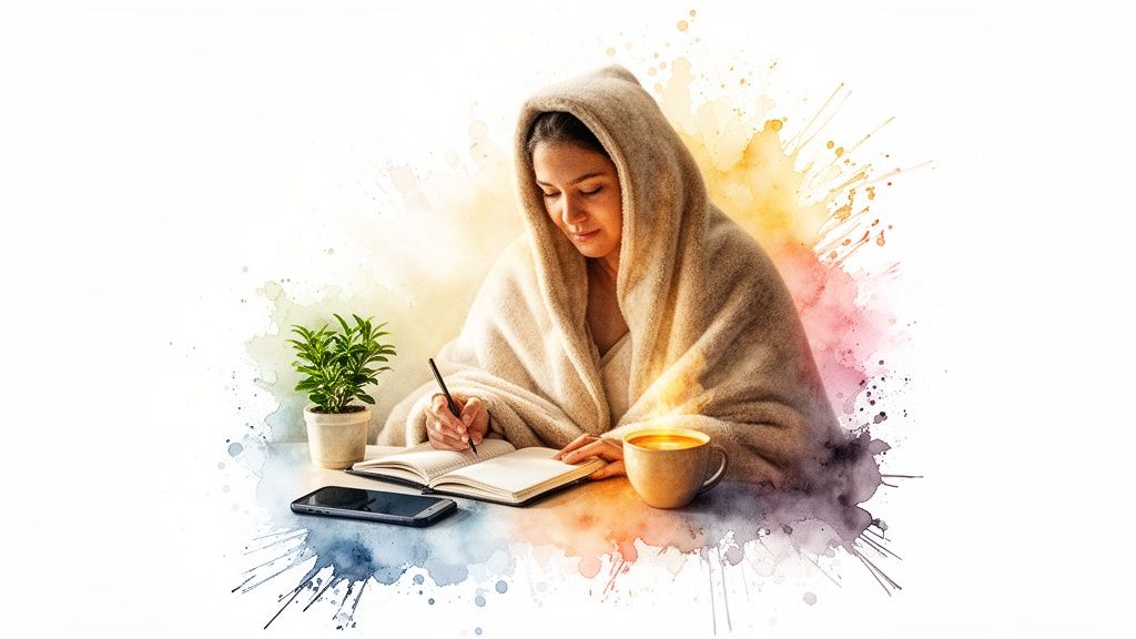 Eine junge frau, in decke gehüllt, schreibt in notizbuch, umgeben von pflanze, handy und kaffee, mit wasserfarben-effekt.