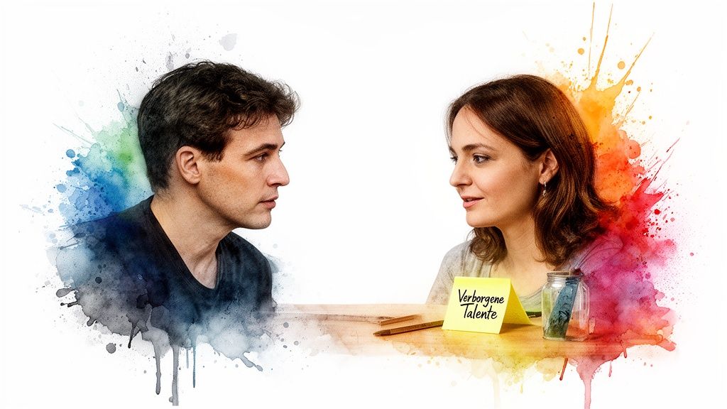 Wie finde ich meine stärken heraus? Ein leitfaden für mehr selbstvertrauen Ein mann und eine frau sitzen sich an einem tisch gegenüber, dazwischen ein zettel mit "verborgene talente".