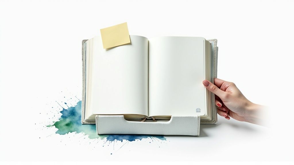 9 wirksame selbstmanagement methoden für mehr innere ruhe und klarheit Leeres, geöffnetes notizbuch auf einem ständer mit notizzettel, gehalten von einer hand, auf weißem hintergrund.