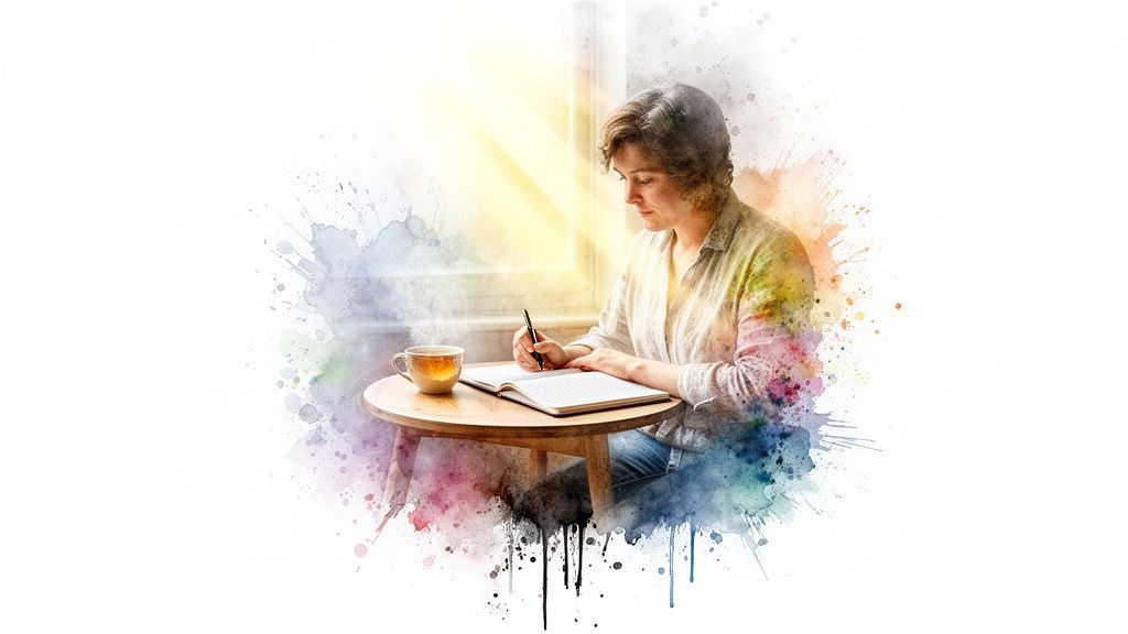 Eine frau schreibt konzentriert in ein notizbuch, daneben steht eine dampfende tasse tee, mit aquarell-effekt und sonnenlicht.