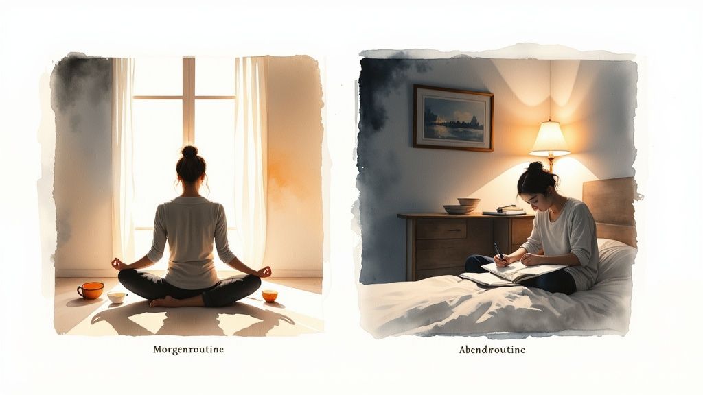 Frau meditiert am morgen und schreibt am abend, visualisierend morgen- und abendroutine.