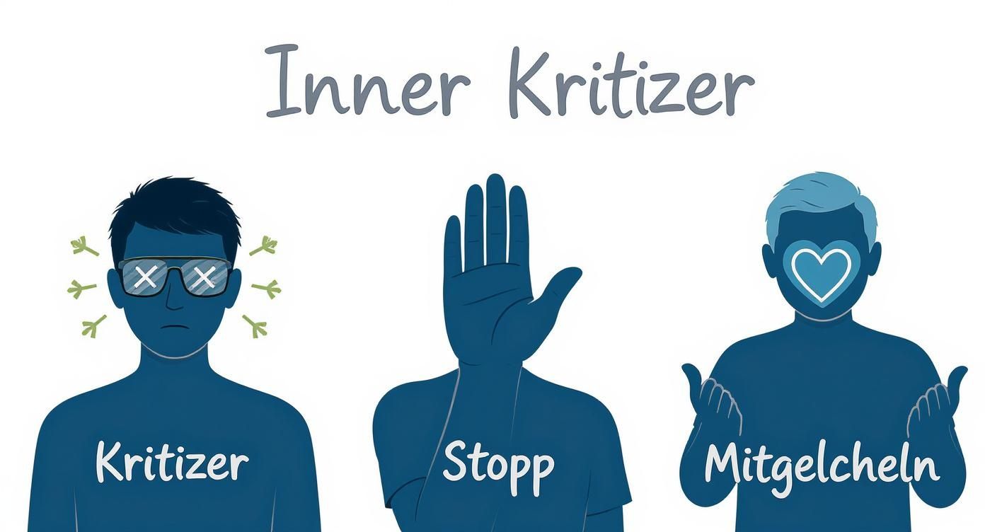 Alleine glücklich sein: wie du in dir selbst ein zuhause findest Infografik mit drei schritten, um den inneren kritiker zu beruhigen: eine sprechblase mit gewitterwolke für den kritiker, ein hand-stopp-zeichen für das anhalten und ein herz in händen für das selbstmitgefühl.