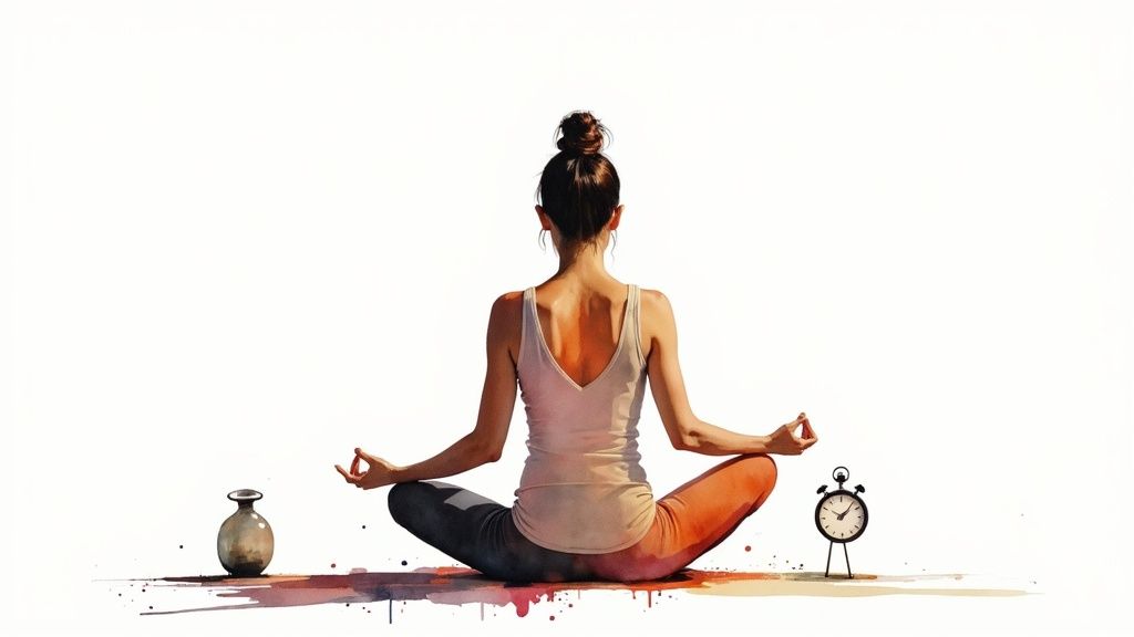 Eine person sitzt ruhig auf einer holzterrasse am wasser, die hände liegen entspannt auf den knien.