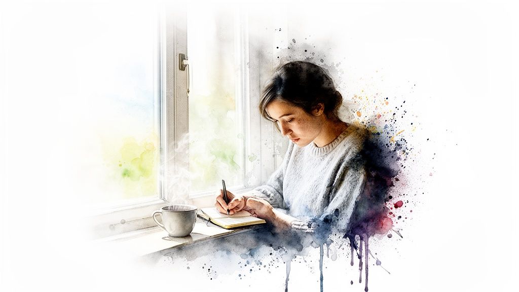 Junge frau schreibt in notizbuch am fenster, mit dampfender tasse. Aquarell-effekt.