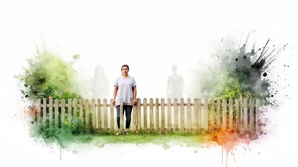 Unglücklich im leben? Finde die wahren gründe und entdecke deinen weg zurück Eine frau steht hinter einem holzzaun, umgeben von zwei blassen figuren und farbigen farbspritzern.