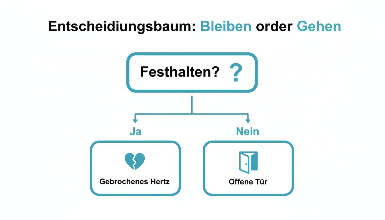 Entscheidungsbaum zum loslassen: 'festhalten? ' führt zu 'gebrochenes herz' oder 'offene tür'.