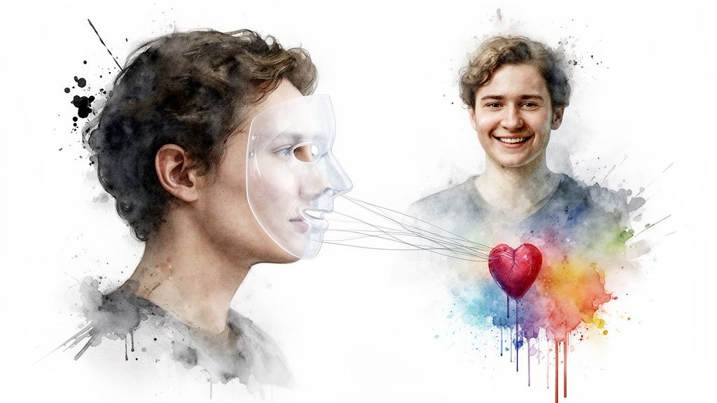 Wie geht man mit einem narzissten um und schützt sich selbst Aquarellbild eines mannes mit transparenter maske, verbunden mit einem herz, neben einem lächelnden mann.