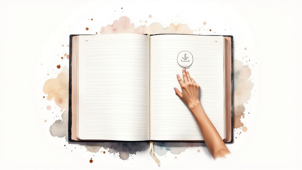 Offenes liniertes notizbuch auf einem tisch. Eine hand berührt ein gezeichnetes download-symbol.