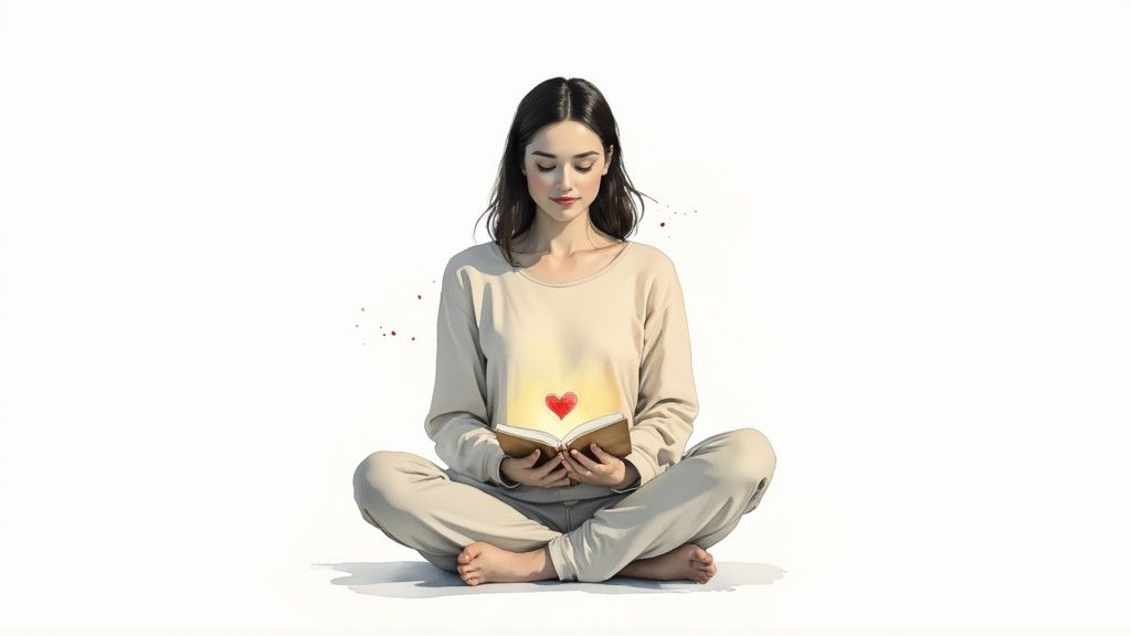 Eine junge frau in beiger kleidung sitzt meditierend, hält ein buch mit leuchtendem herz.