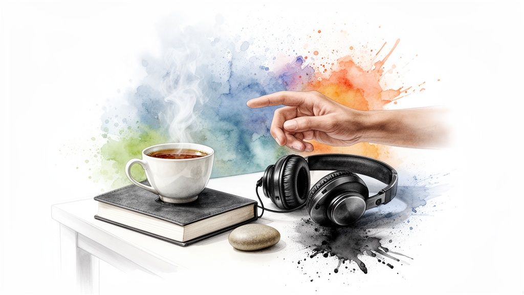 Hand zeigt über tisch mit dampfendem kaffee, buch, kopfhörern und stein vor farbigem aquarellhintergrund.