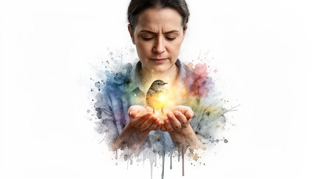 Eine nachdenkliche frau hält einen leuchtenden vogel, umgeben von farbenfrohen aquarellspritzern.