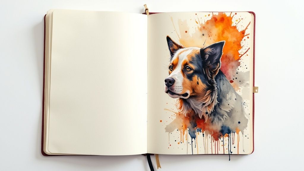 Offenes notizbuch mit einer detaillierten aquarellzeichnung eines hundes auf der rechten seite.