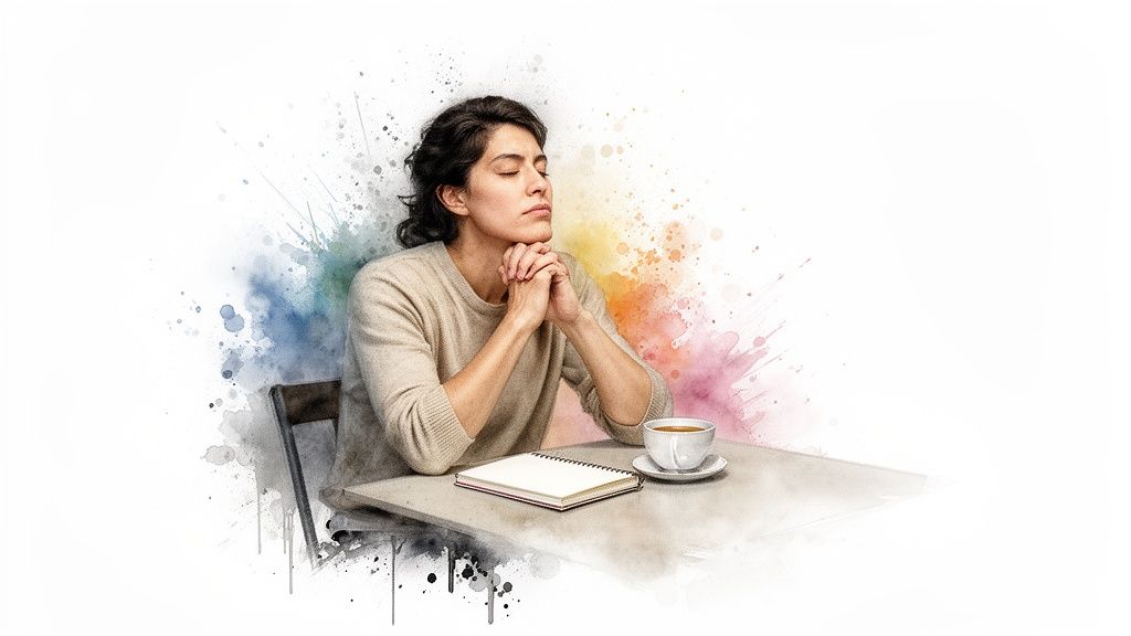 Eine frau sitzt mit geschlossenen augen und gefalteten händen an einem tisch, umgeben von bunten aquarellspritzern.