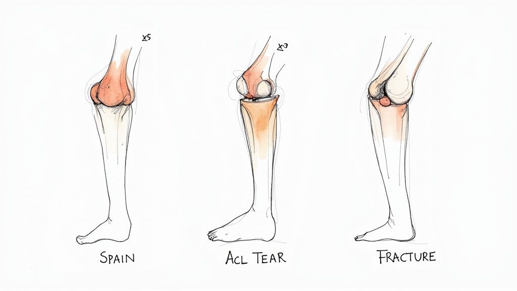 Three detailed illustrations showing the anatomical differences between a knee sprain, ACL tear, and fracture.