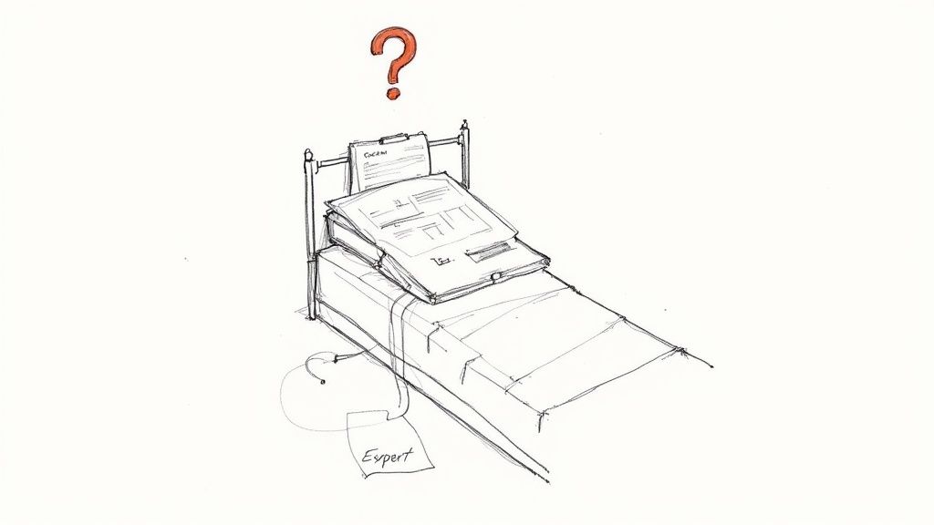 A sketch of a bed piled with documents, a question mark floating above, and 'Expert' written on a paper.