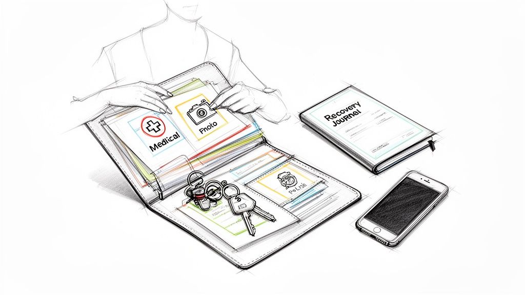 Sketch of a person organizing essential documents, keys, and a recovery journal with a phone.