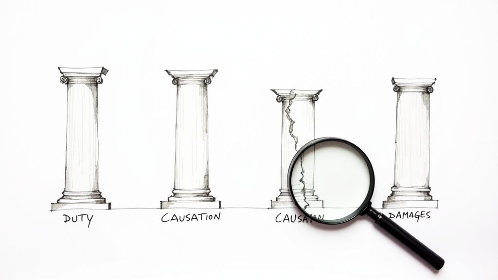 Four hand-drawn pillars representing legal elements: duty, causation (one cracked), and damages, with a magnifying glass.