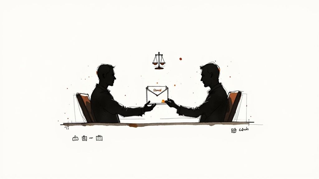 Two men exchange a payment envelope with scales of justice overhead, symbolizing a legal settlement.