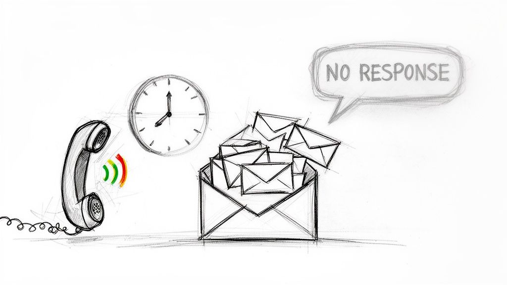 Sketch of a ringing phone, clock, overflowing mailbox, and a speech bubble saying 'no response'.