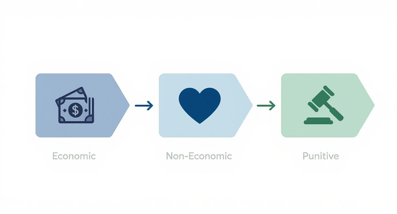 Flowchart illustrating Economic (money), Non-Economic (heart), and Punitive (gavel) types of damages.