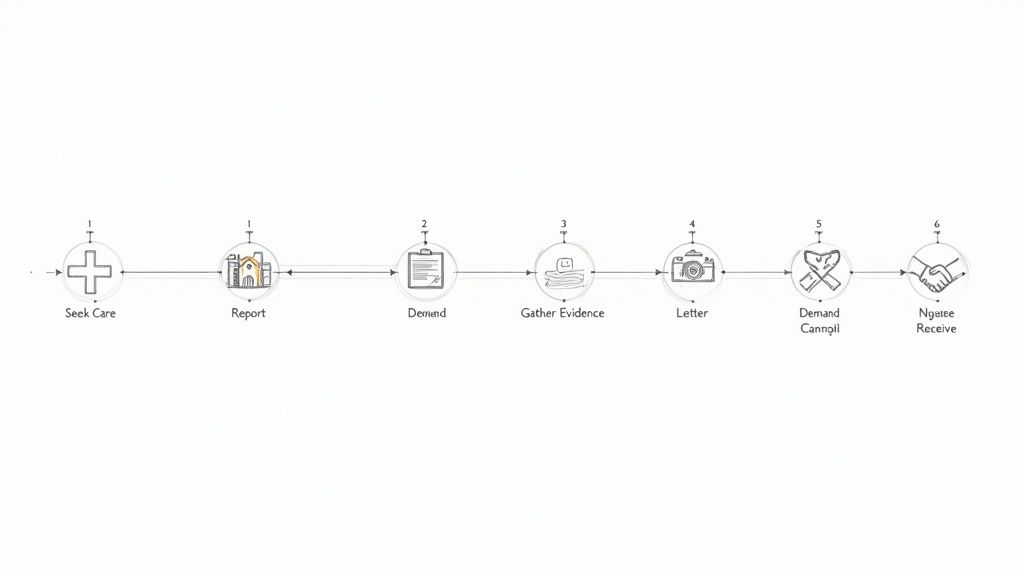 A horizontal flowchart illustrates a six-step claim process, from seeking care to receiving settlement.