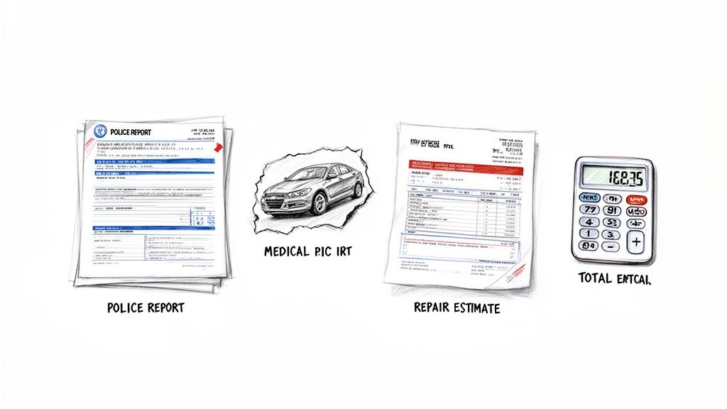 Documents for an insurance claim: police report, car medical pictures, repair estimate, and total cost calculation.