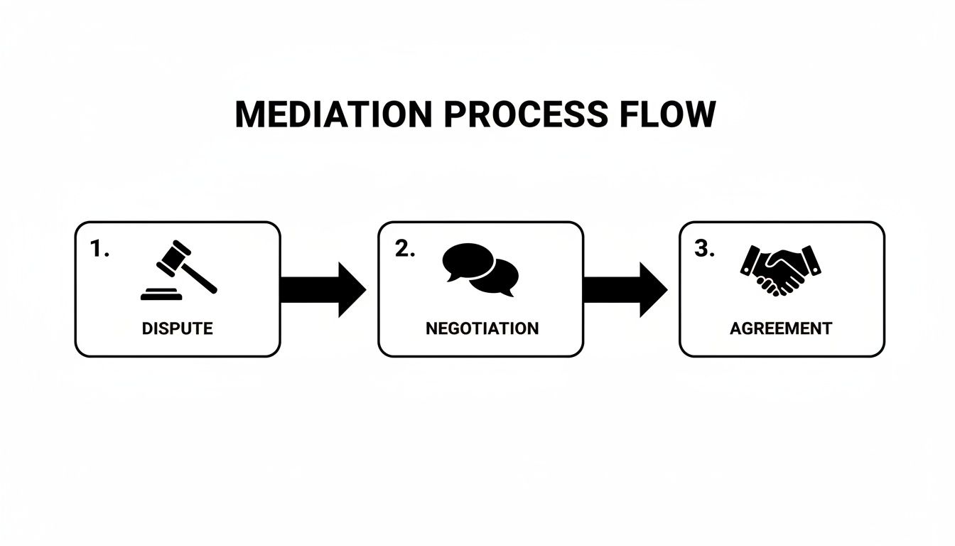 Flow chart illustrating the three steps of the mediation process: dispute, negotiation, and agreement.