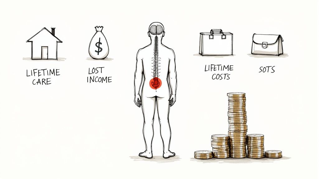 Illustration of lifetime care, lost income, and costs associated with a back injury, represented by icons and coins.