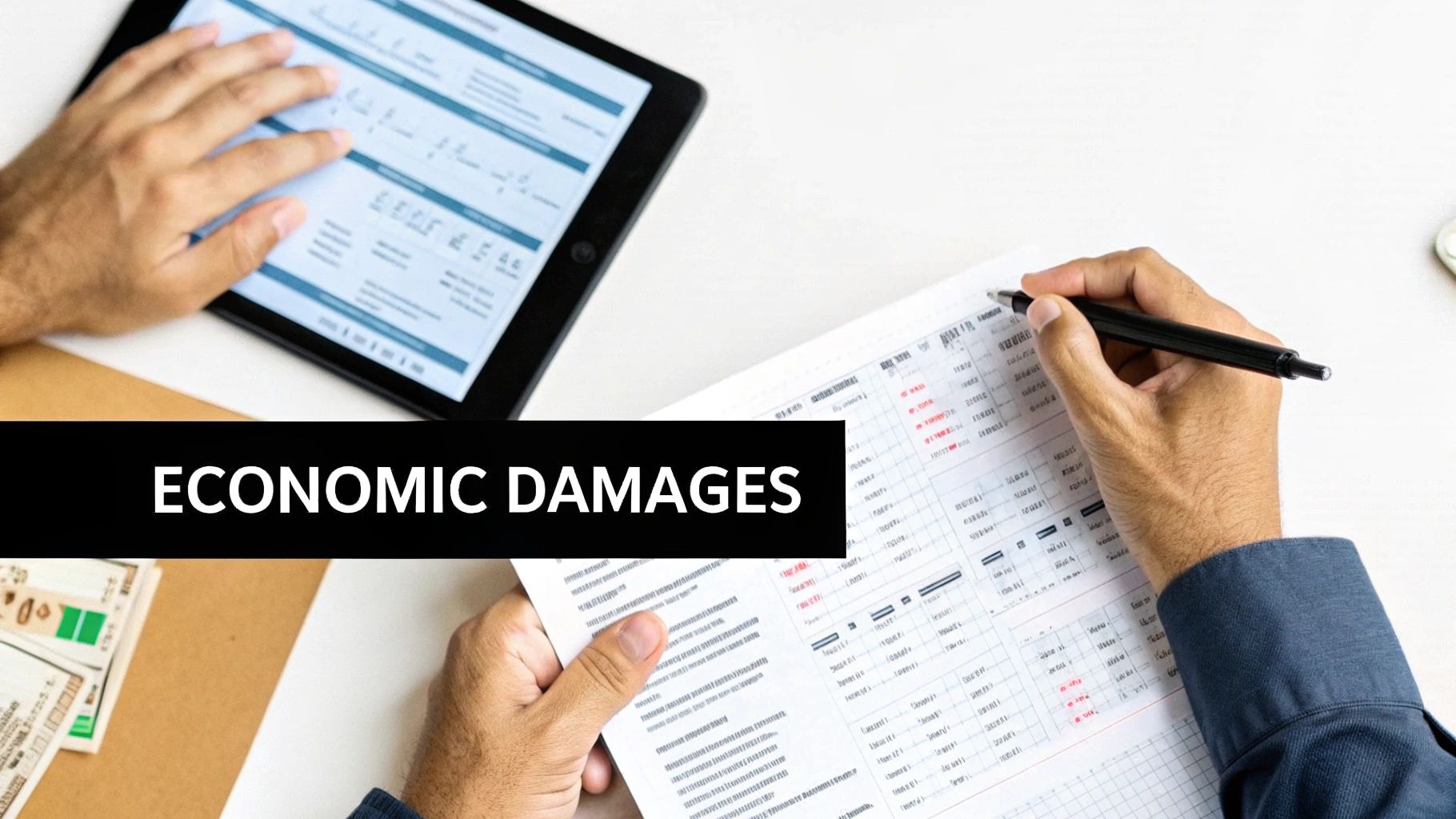A person organizing receipts and medical bills at a desk, using a calculator.