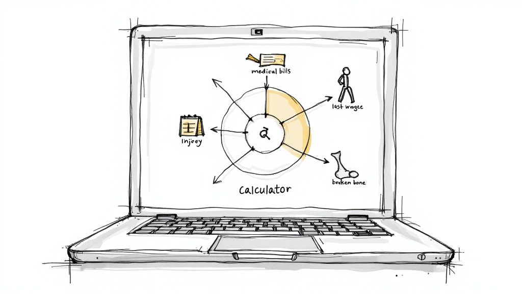 A sketch of a laptop displaying a personal injury calculator, factoring medical bills, lost wages, and injury.