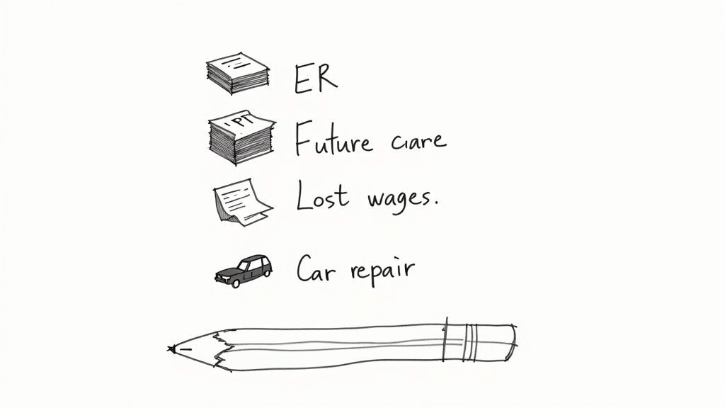 Hand-drawn checklist of personal injury expenses including ER, future care, lost wages, and car repair.