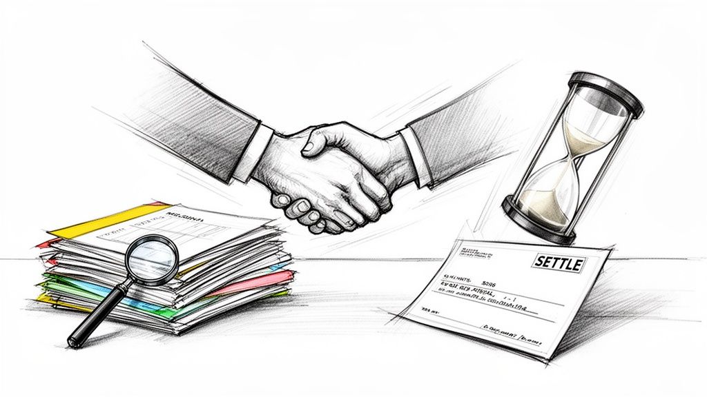 A handshake, documents, magnifying glass, hourglass, and a 'SETTLE' document, representing legal negotiations and settlement.