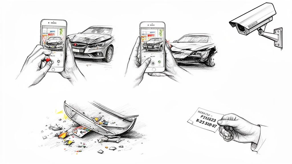 Hands photograph damaged cars after an accident, with a security camera and identification notes.