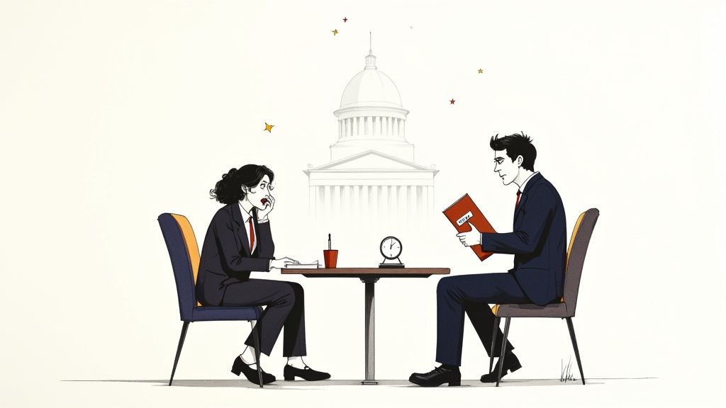 Two professionals in business suits discussing documents at table with government building backdrop
