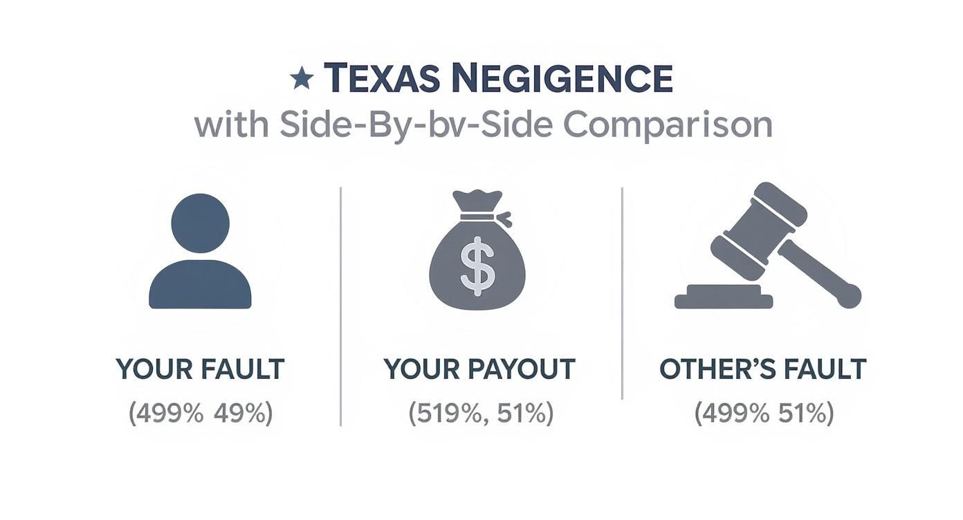 Infographic comparing Texas negligence laws with side-by-side display of fault percentages and payout data.