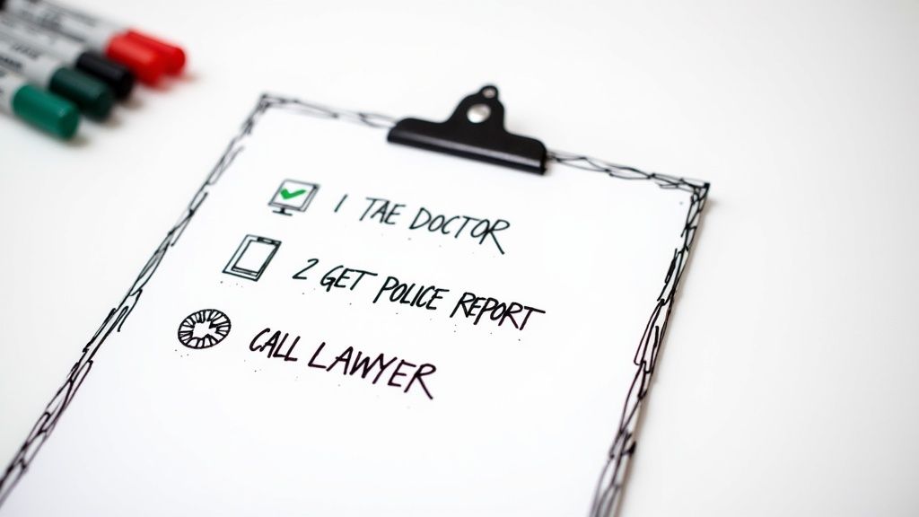 A checklist on a clipboard shows tasks: 'TAE DOCTOR', 'GET POLICE REPORT', and 'CALL LAWYER'.