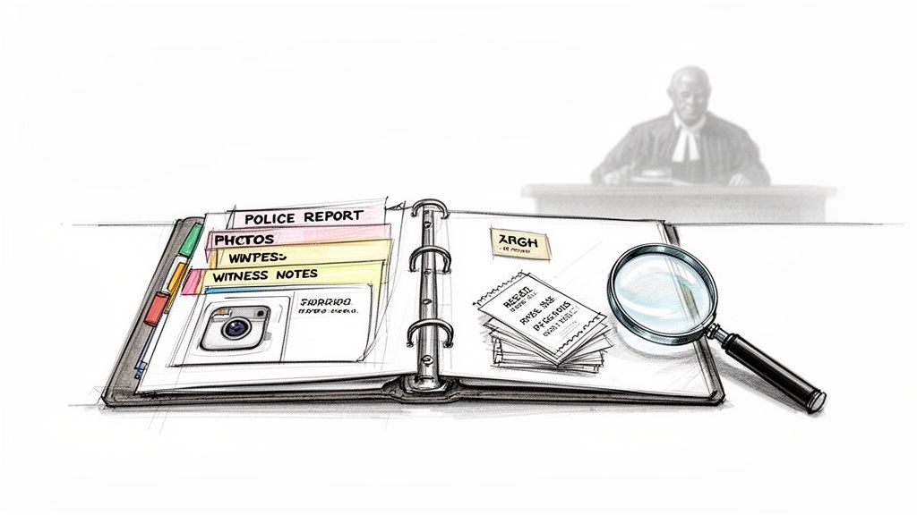 Ring binder with police report, photos, and witness notes next to a magnifying glass, with a judge in the background.