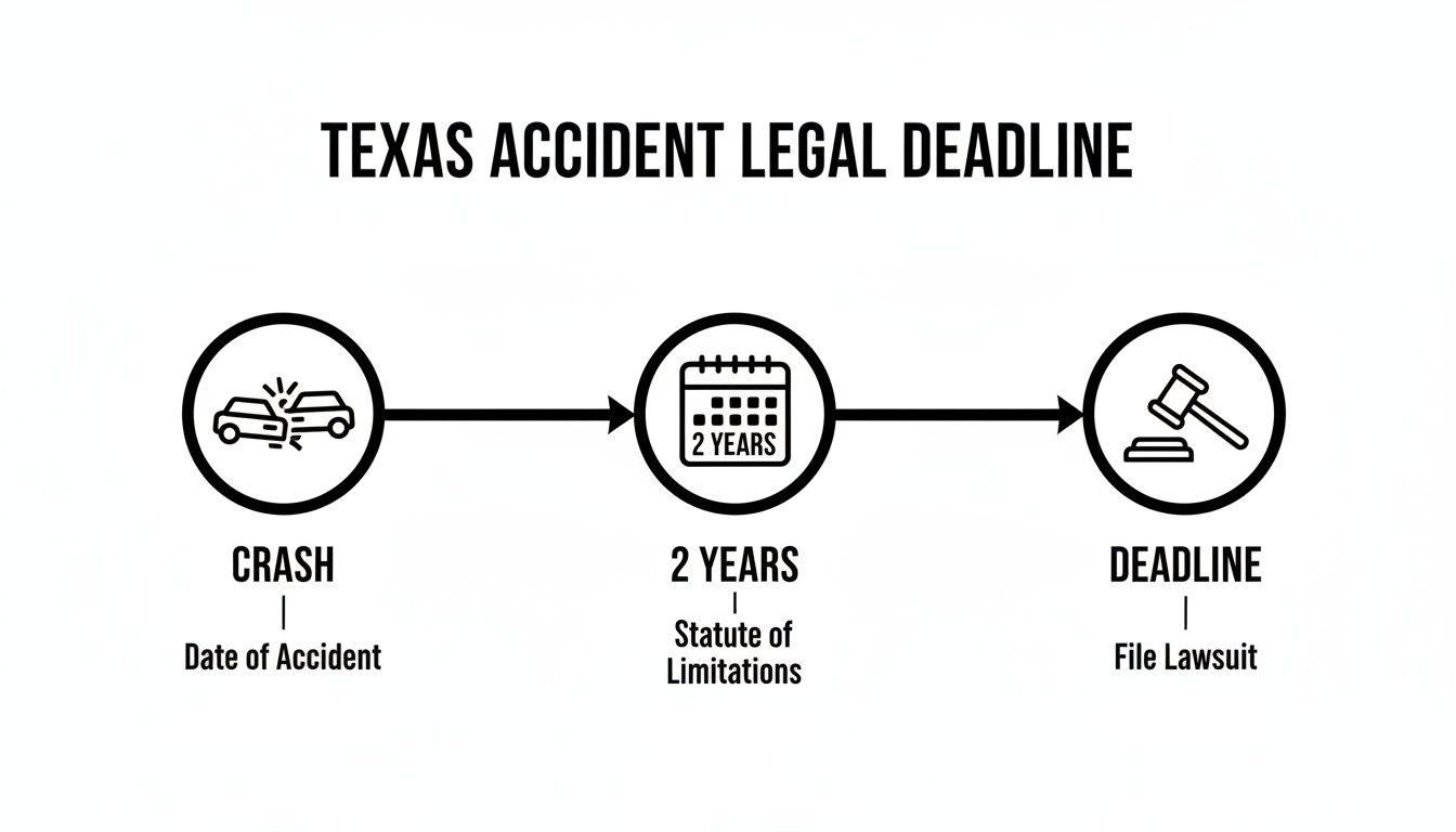 Infographic detailing the 2-year statute of limitations for filing a car accident lawsuit in Texas.