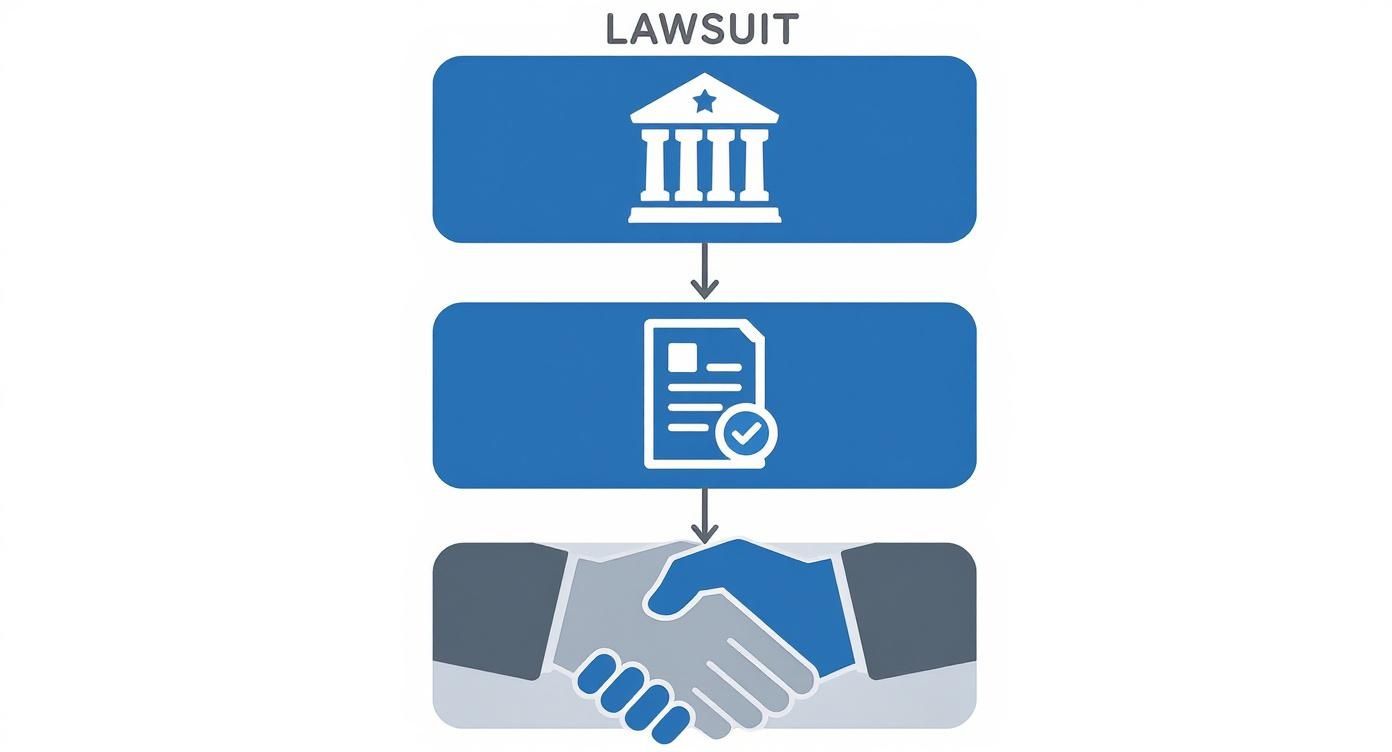 Flowchart illustrating a lawsuit process from legal action to document review and a final settlement handshake.