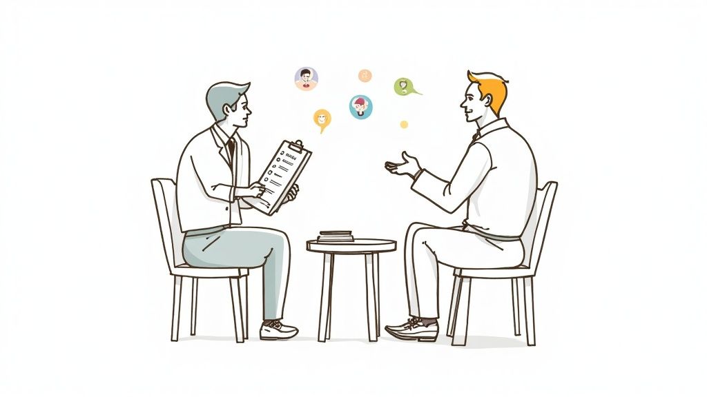 Two men in an interview or consultation, one holding a clipboard while the other talks.