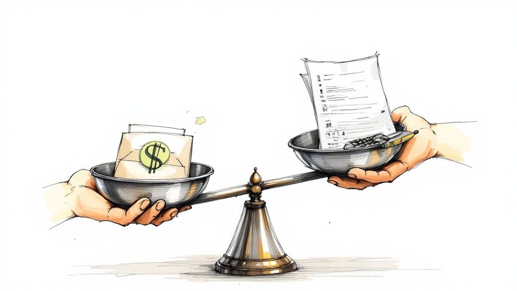 A balance scale shows legal documents and a pen outweighing money, symbolizing importance of evidence.