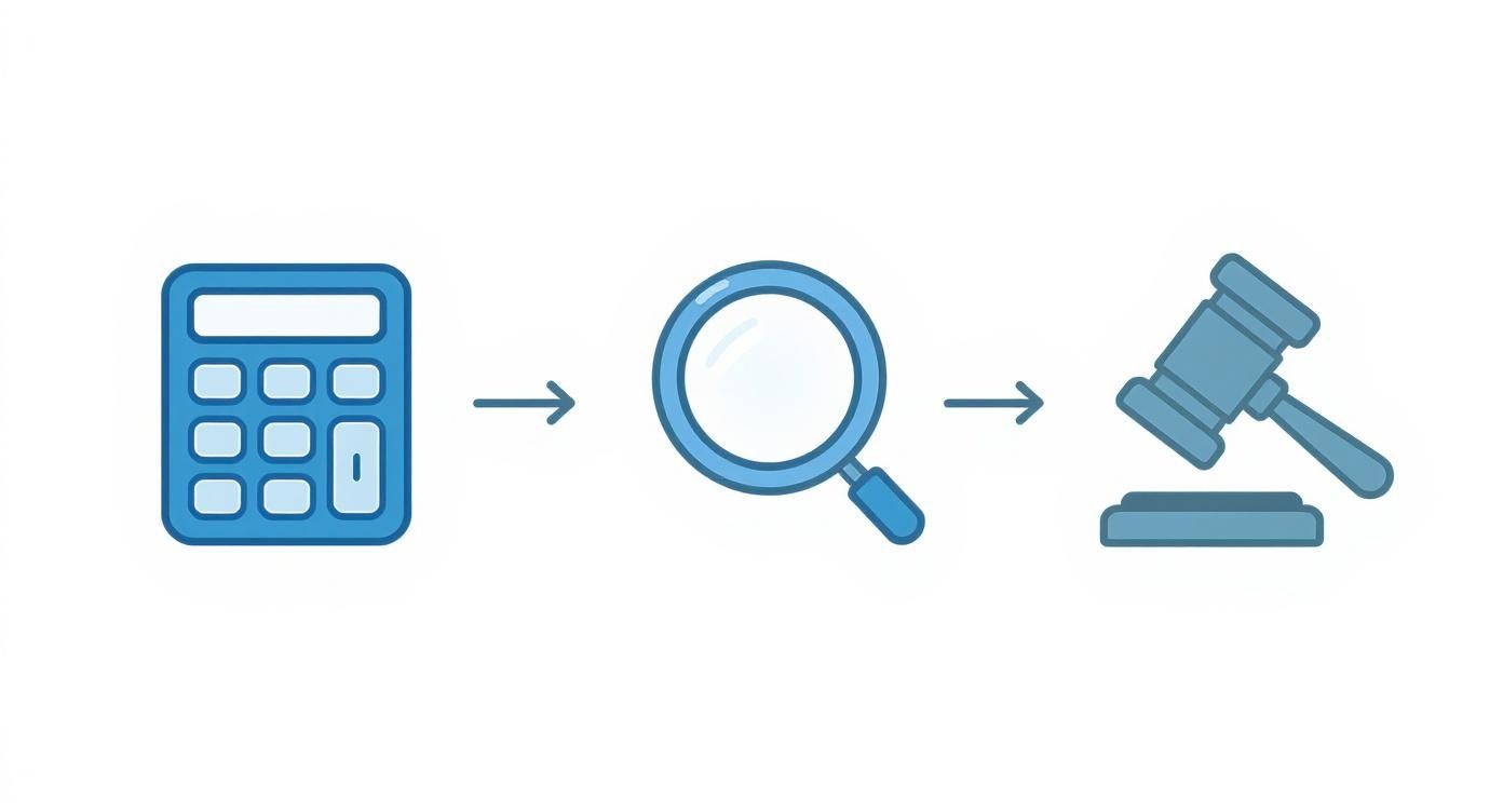 An illustration showing a calculator, magnifying glass, and judge's gavel in a legal process flow.