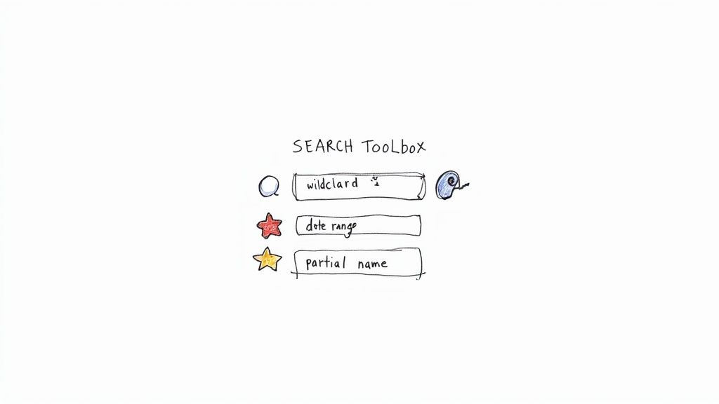 A hand-drawn sketch of a search toolbox with input fields for wildcard, date range, and partial name.