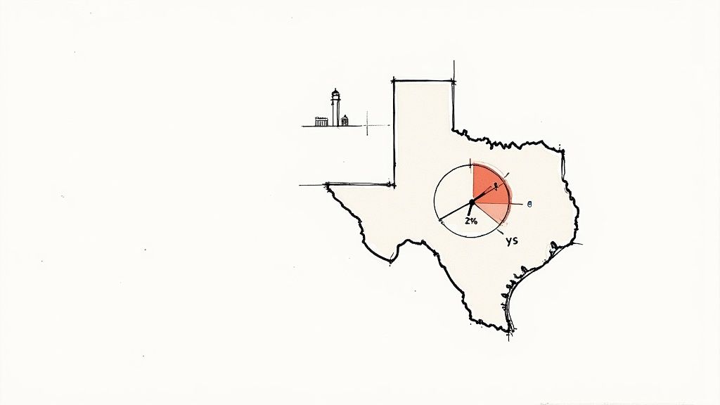 A hand-drawn illustration showing the state of Texas with a pie chart and a building sketch.