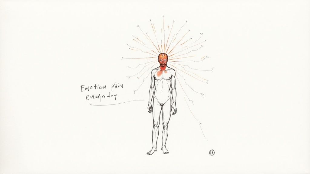 Illustration of a human figure with lines emanating from the head, showing emotion and pain.