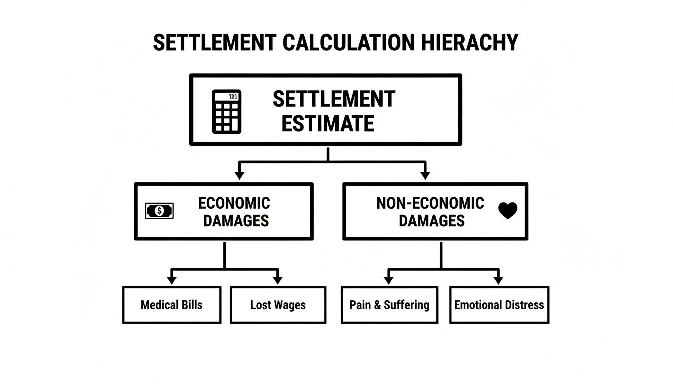 Diagram illustrating a settlement calculation hierarchy, breaking down estimates into economic and non-economic damages.