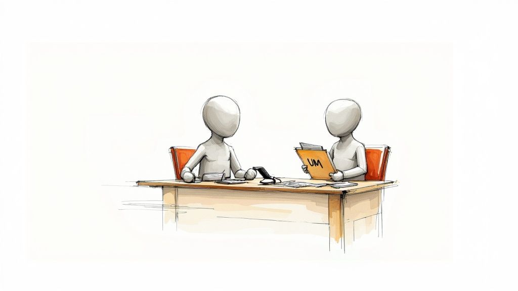 Two stylized figures sit at a desk, one holding a folder, seemingly in a meeting.
