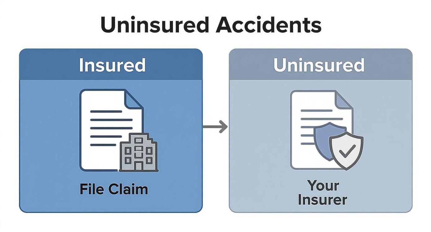 Diagram showing an insured person filing a claim with their insurer after an uninsured accident.