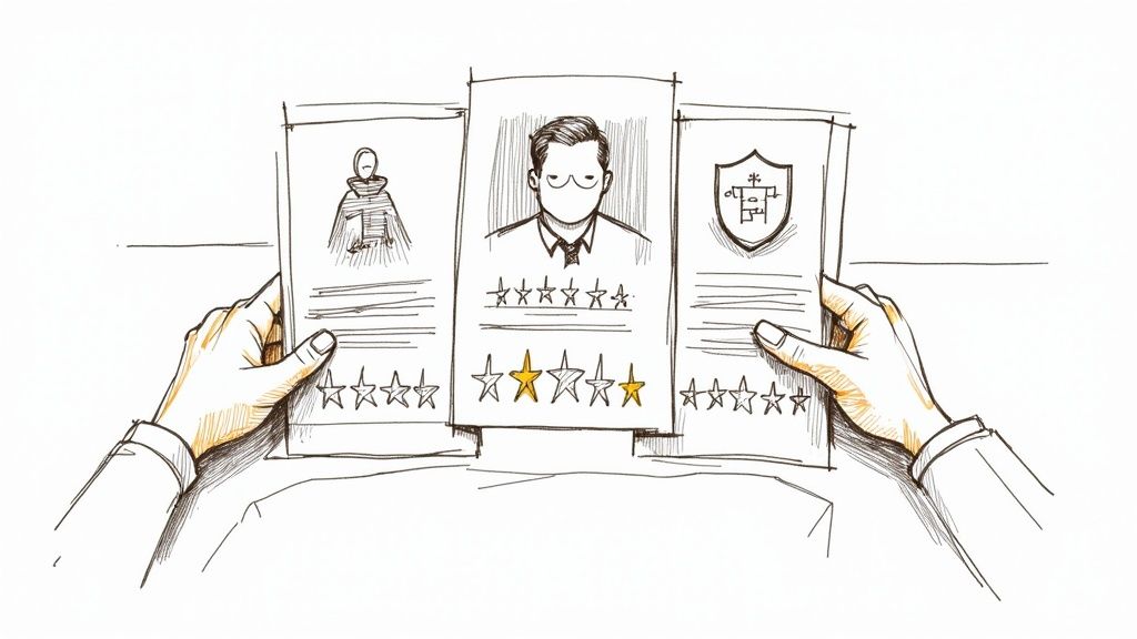 A person's hands holding three different profiles, comparing their star ratings for selection.