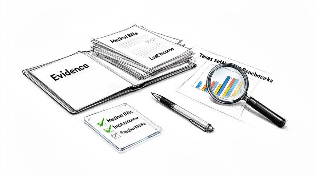 An illustration of legal documents, including evidence, medical bills, lost income, and a financial benchmark report with a magnifying glass.